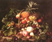 约翰 劳伦茨 延森 : A Still Life Of A Basket Of Fruit And Roses